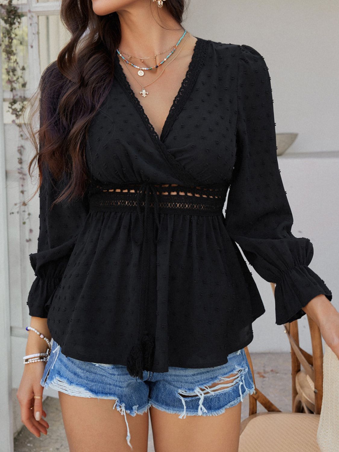 Devine Swiss Dot Lace Detail Surplice Flounce Sleeve Blouse.
