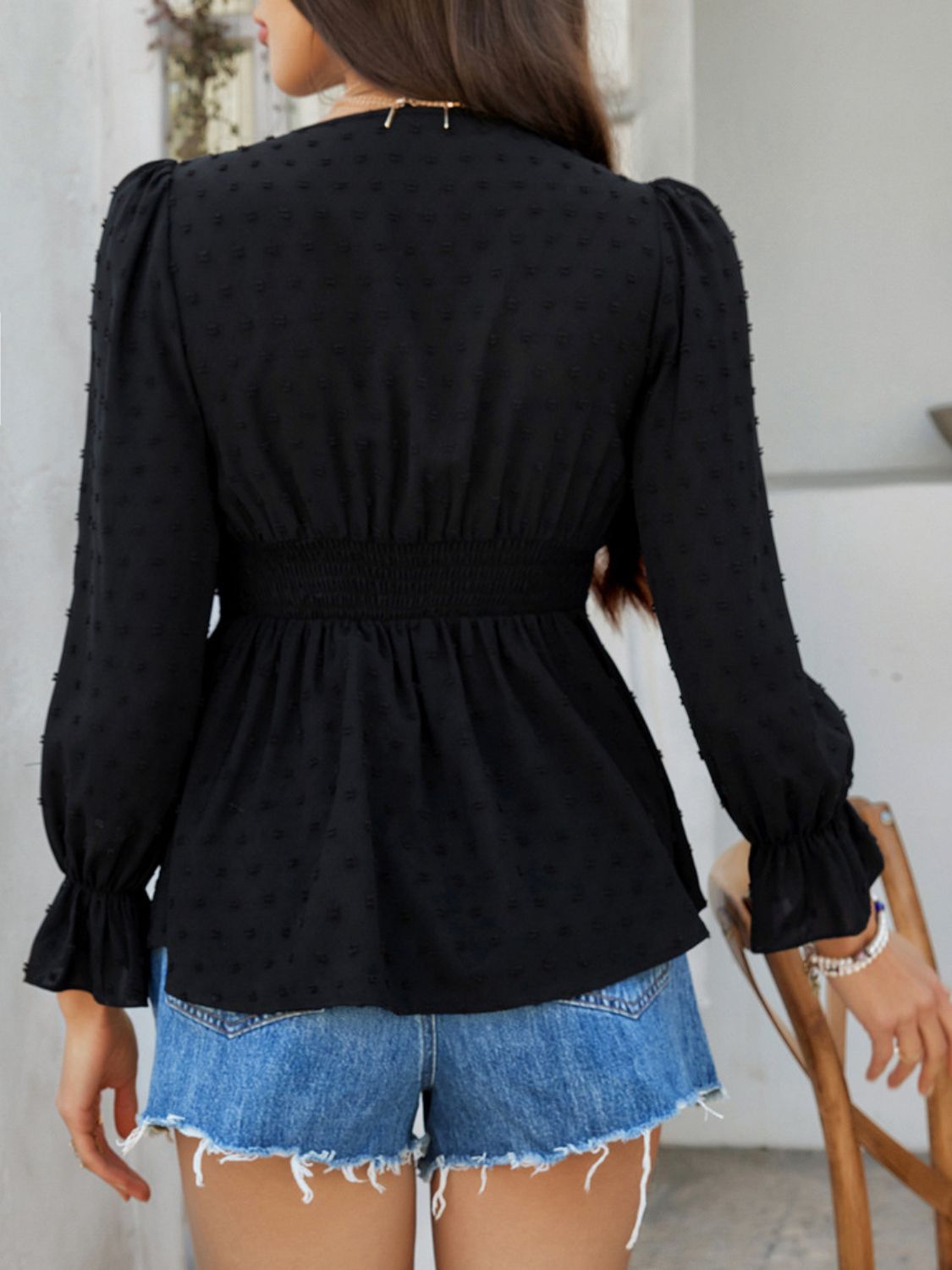Devine Swiss Dot Lace Detail Surplice Flounce Sleeve Blouse.