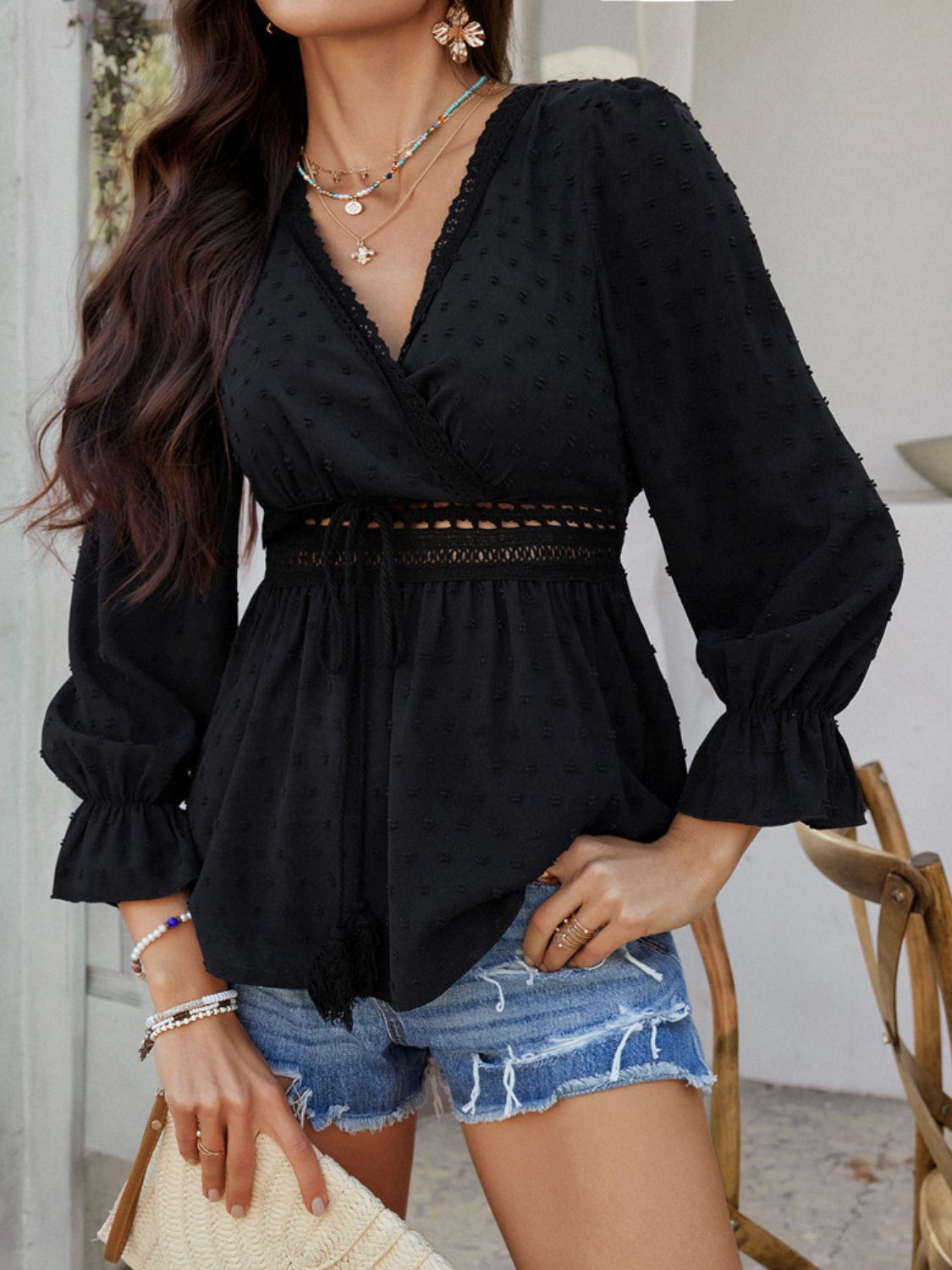 Devine Swiss Dot Lace Detail Surplice Flounce Sleeve Blouse.