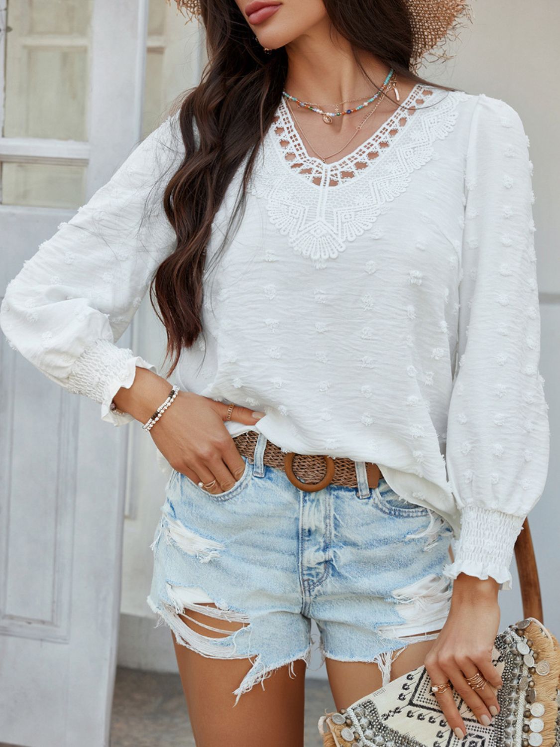Devine Swiss Dot Lace Detail V-Neck Long Sleeve Blouse.
