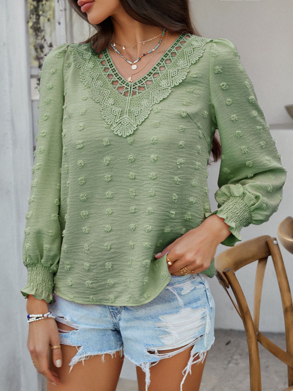 Devine Swiss Dot Lace Detail V-Neck Long Sleeve Blouse.