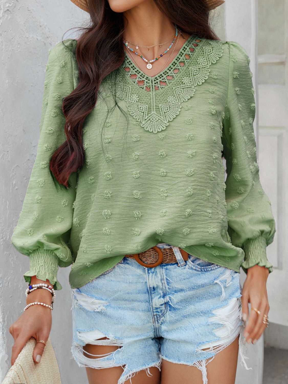 Devine Swiss Dot Lace Detail V-Neck Long Sleeve Blouse.
