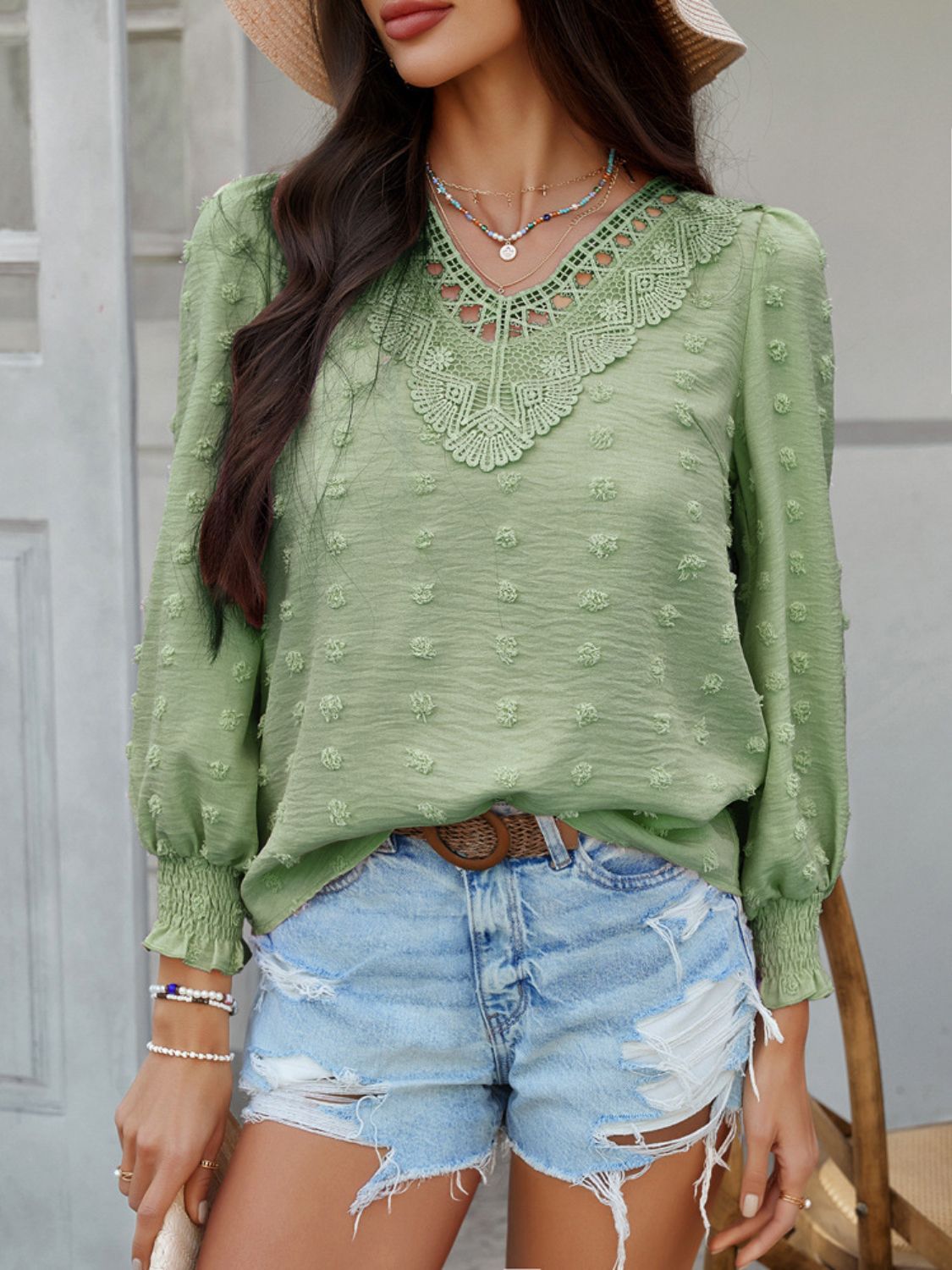 Devine Swiss Dot Lace Detail V-Neck Long Sleeve Blouse.
