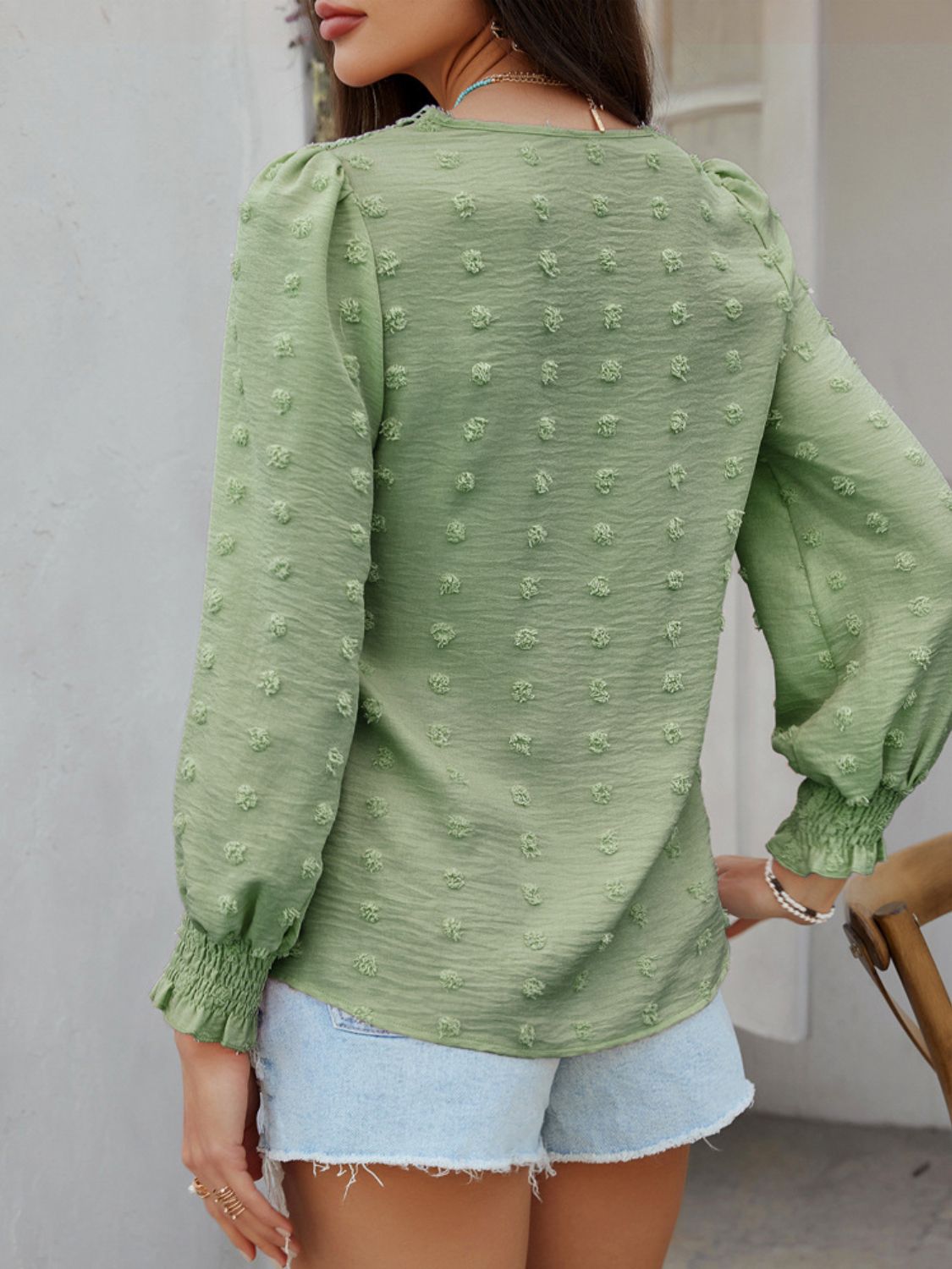 Devine Swiss Dot Lace Detail V-Neck Long Sleeve Blouse.