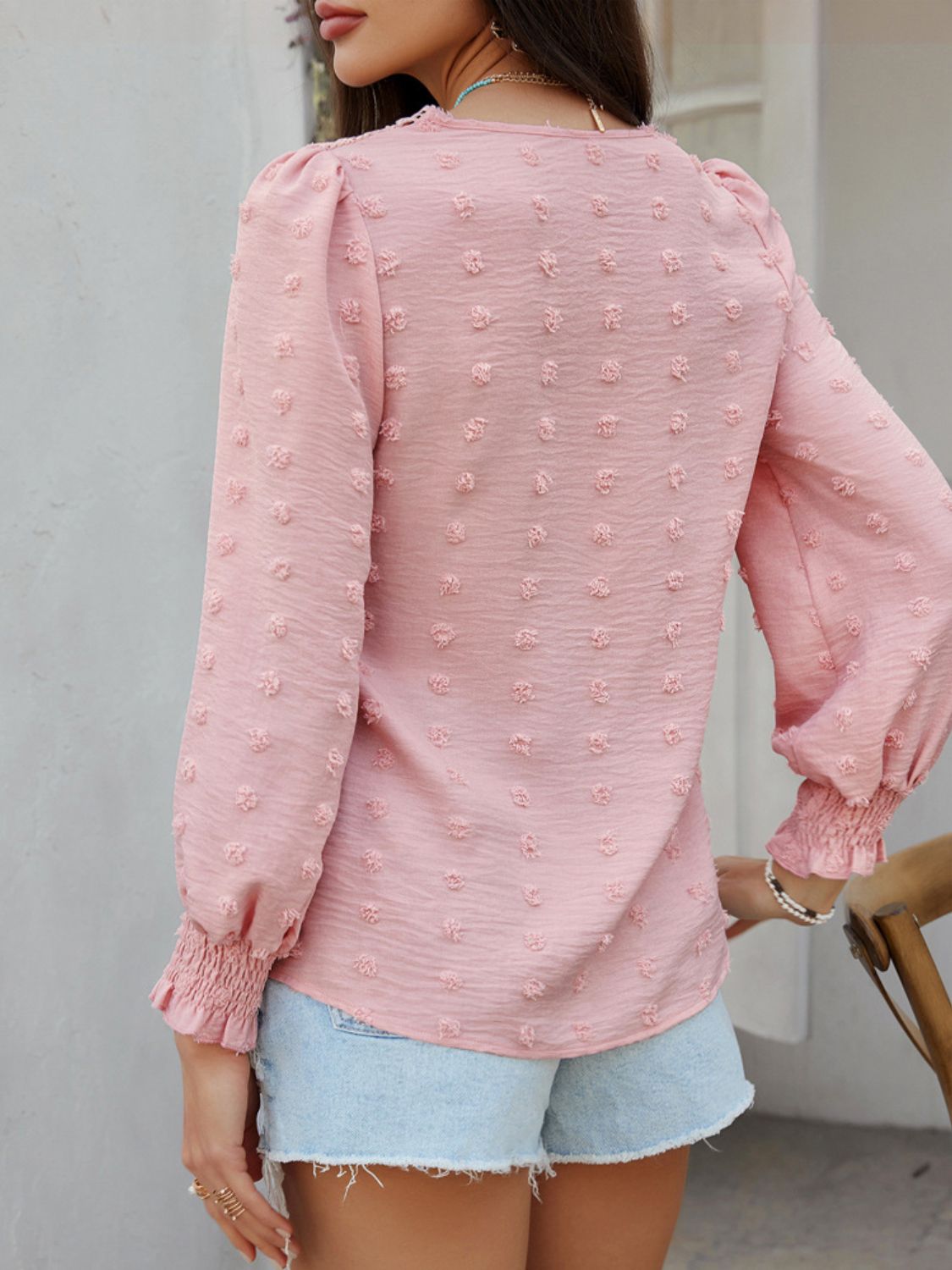 Devine Swiss Dot Lace Detail V-Neck Long Sleeve Blouse.