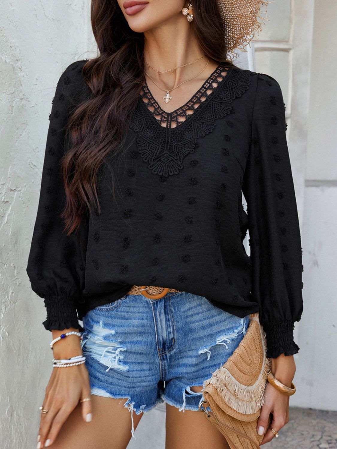 Devine Swiss Dot Lace Detail V-Neck Long Sleeve Blouse.