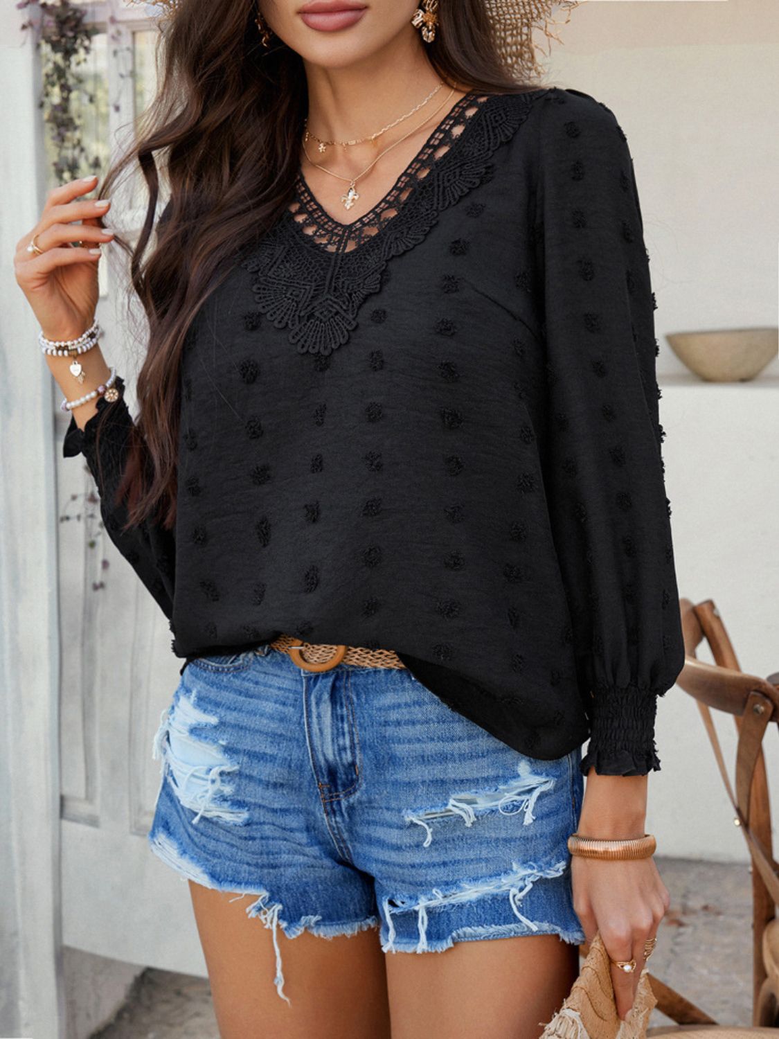 Devine Swiss Dot Lace Detail V-Neck Long Sleeve Blouse.