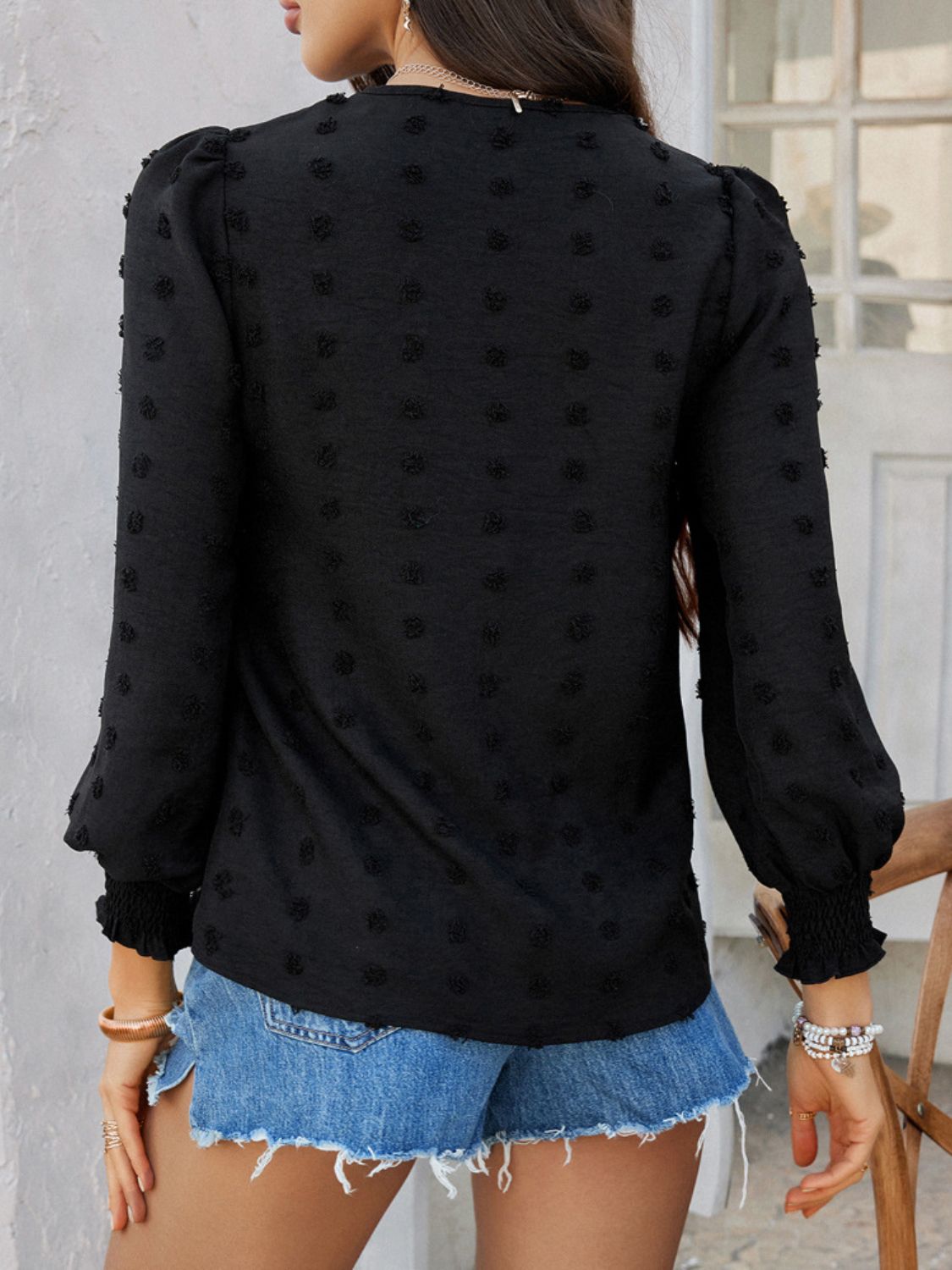 Devine Swiss Dot Lace Detail V-Neck Long Sleeve Blouse.