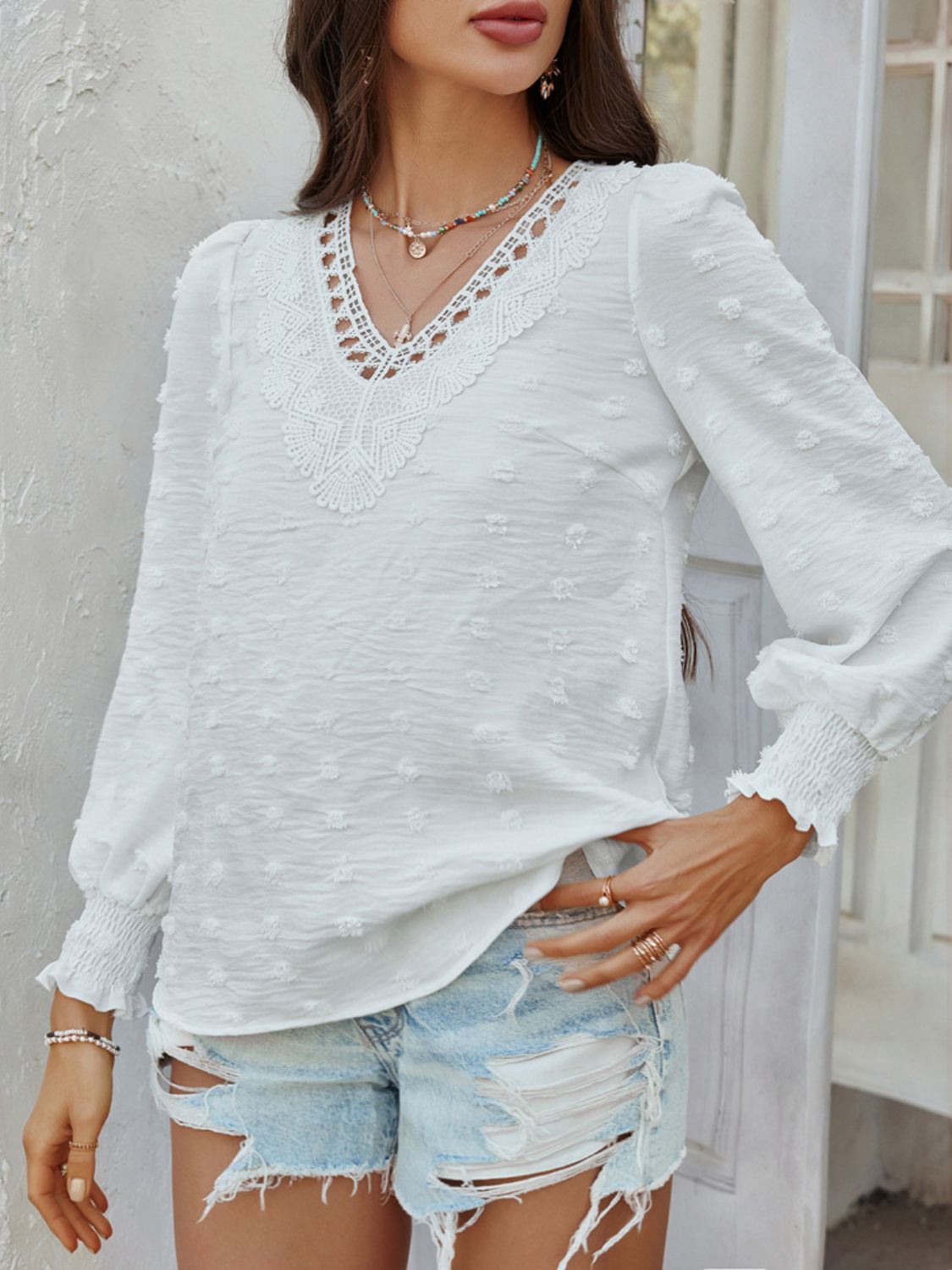 Devine Swiss Dot Lace Detail V-Neck Long Sleeve Blouse.