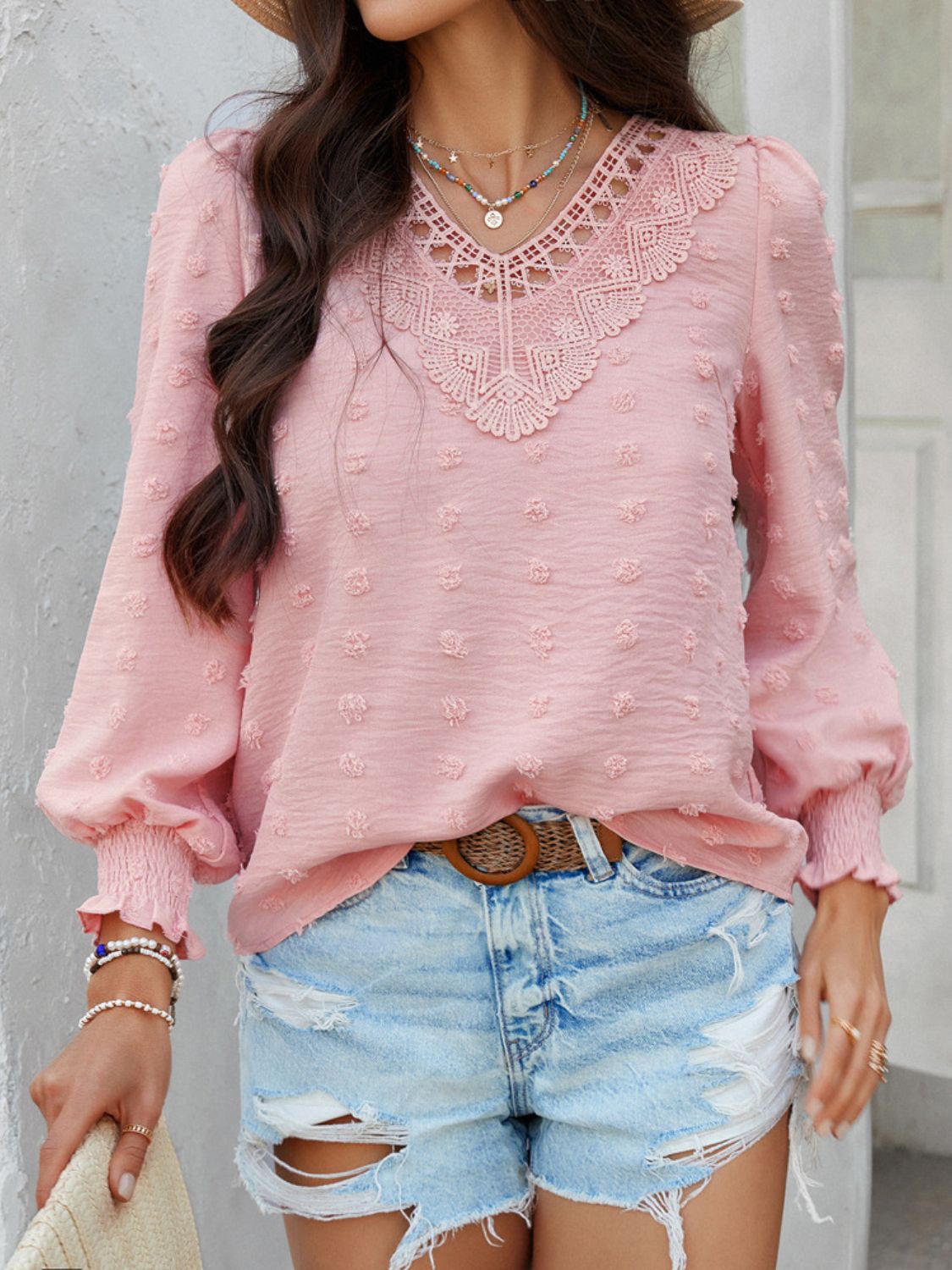 Devine Swiss Dot Lace Detail V-Neck Long Sleeve Blouse.