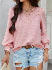 Devine Swiss Dot Lace Detail V-Neck Long Sleeve Blouse.