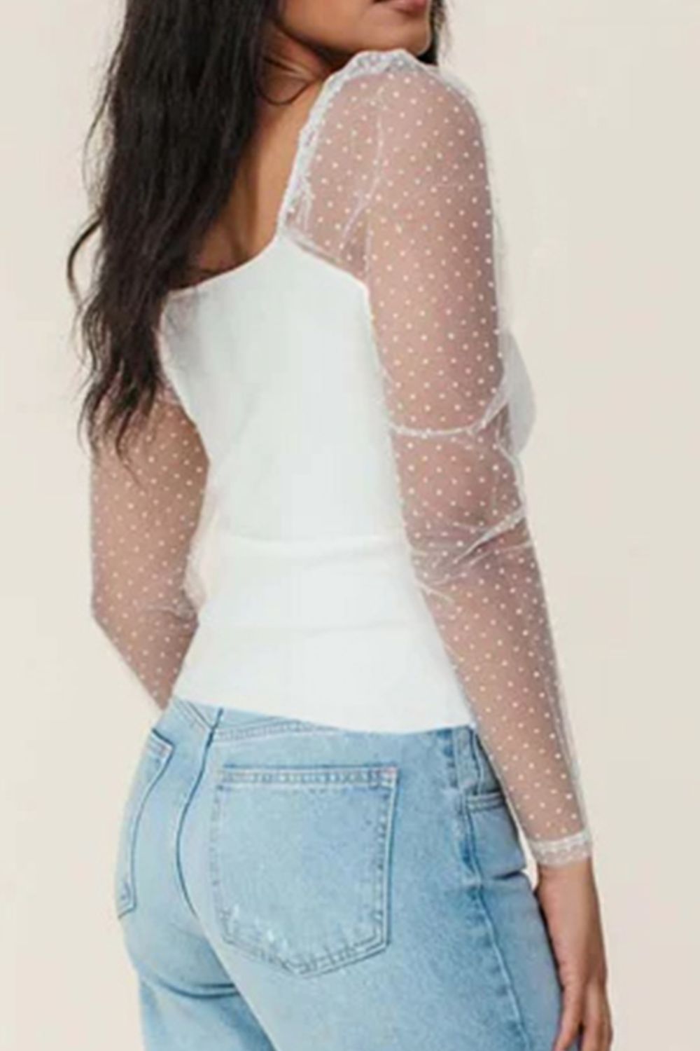 Swiss Dot Mesh Long Sleeve Square Neck Slim Top.