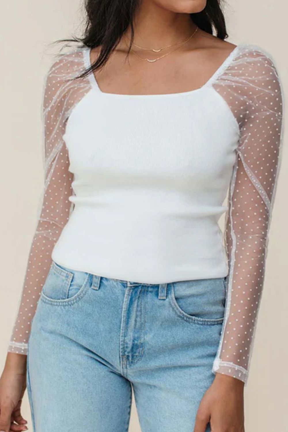Swiss Dot Mesh Long Sleeve Square Neck Slim Top.