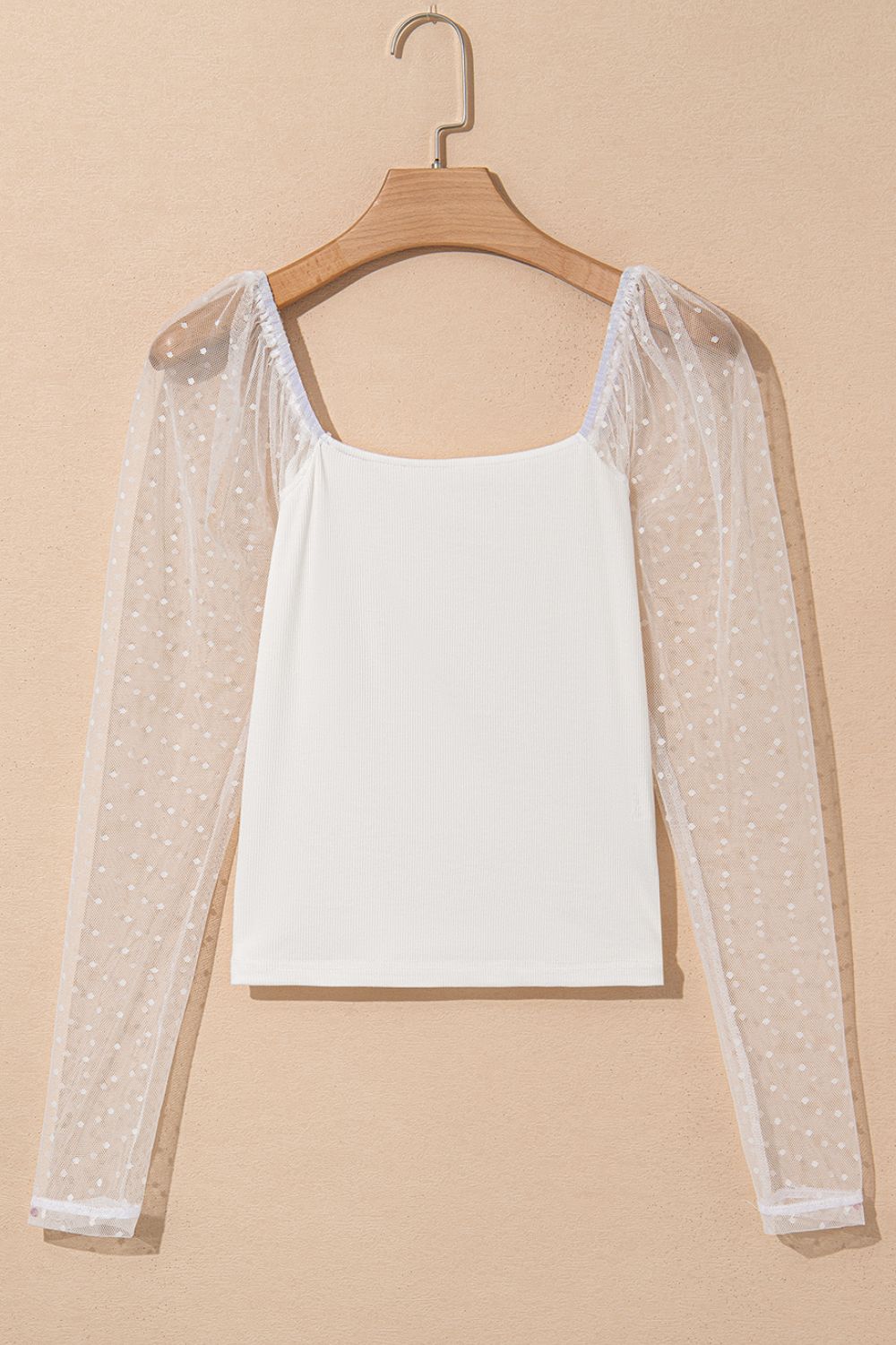 Swiss Dot Mesh Long Sleeve Square Neck Slim Top.
