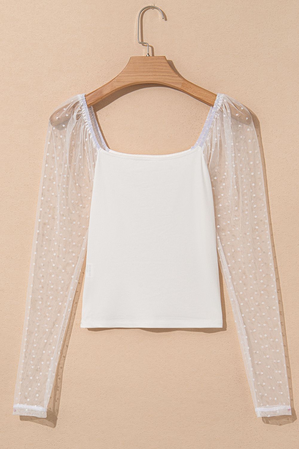 Swiss Dot Mesh Long Sleeve Square Neck Slim Top.