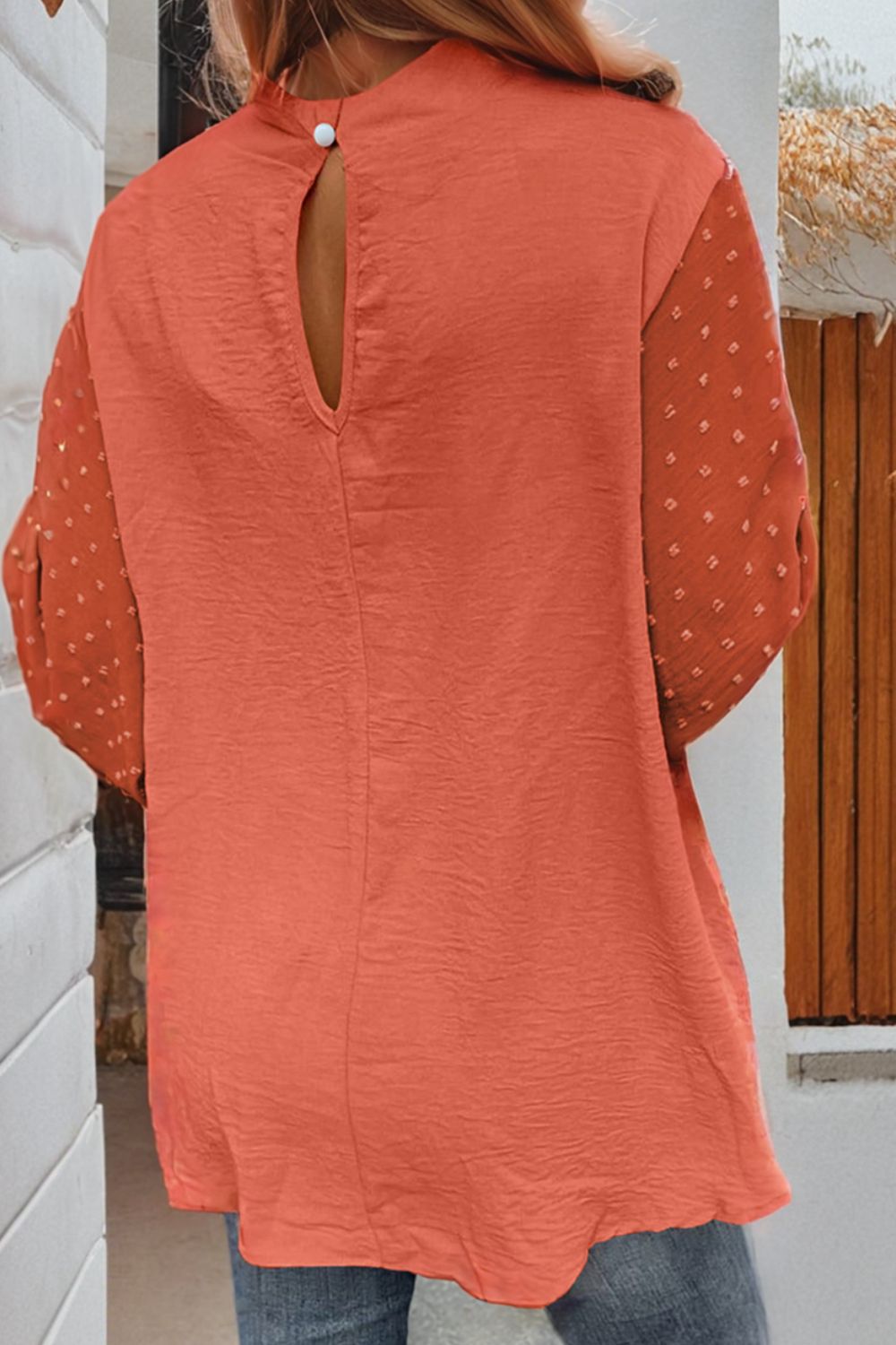 Swiss Dot Mock Neck Balloon Sleeve Blouse.
