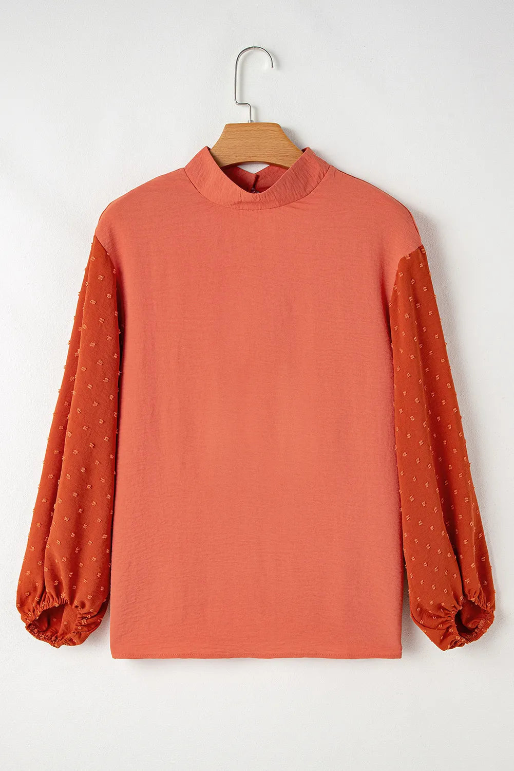 Swiss Dot Mock Neck Balloon Sleeve Blouse.