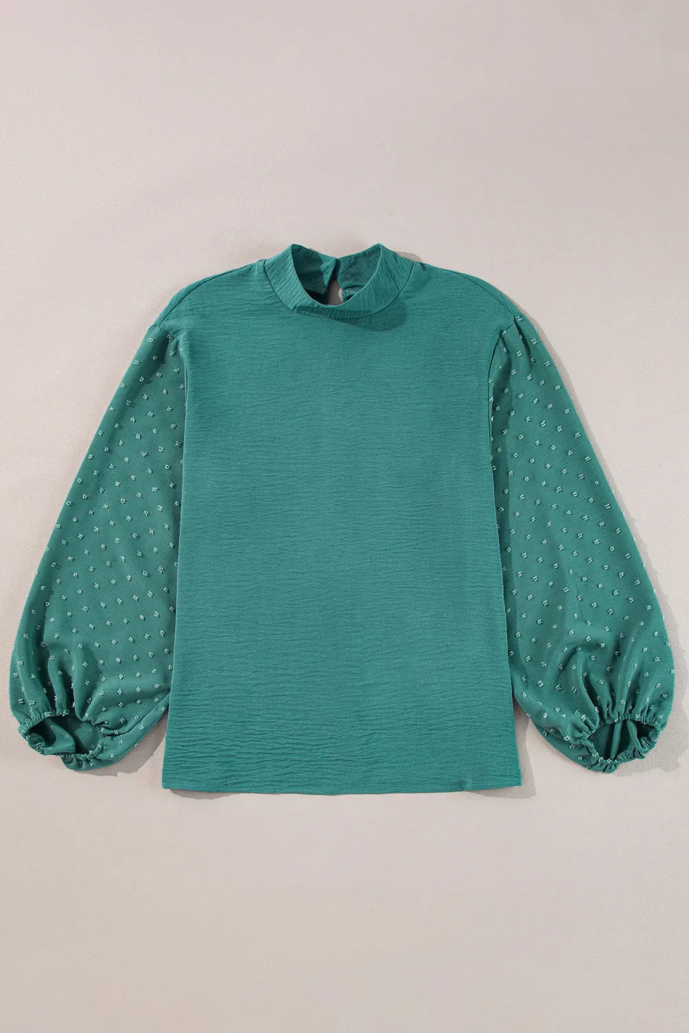Swiss Dot Mock Neck Balloon Sleeve Blouse.