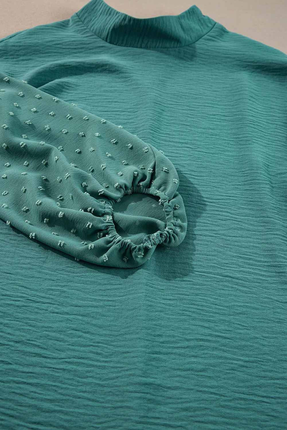 Swiss Dot Mock Neck Balloon Sleeve Blouse.