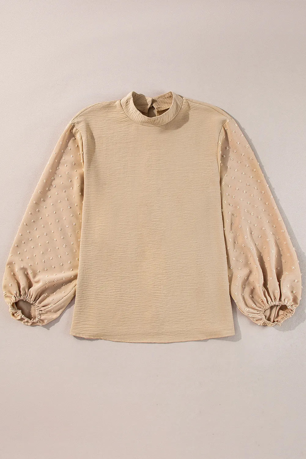 Swiss Dot Mock Neck Balloon Sleeve Blouse.
