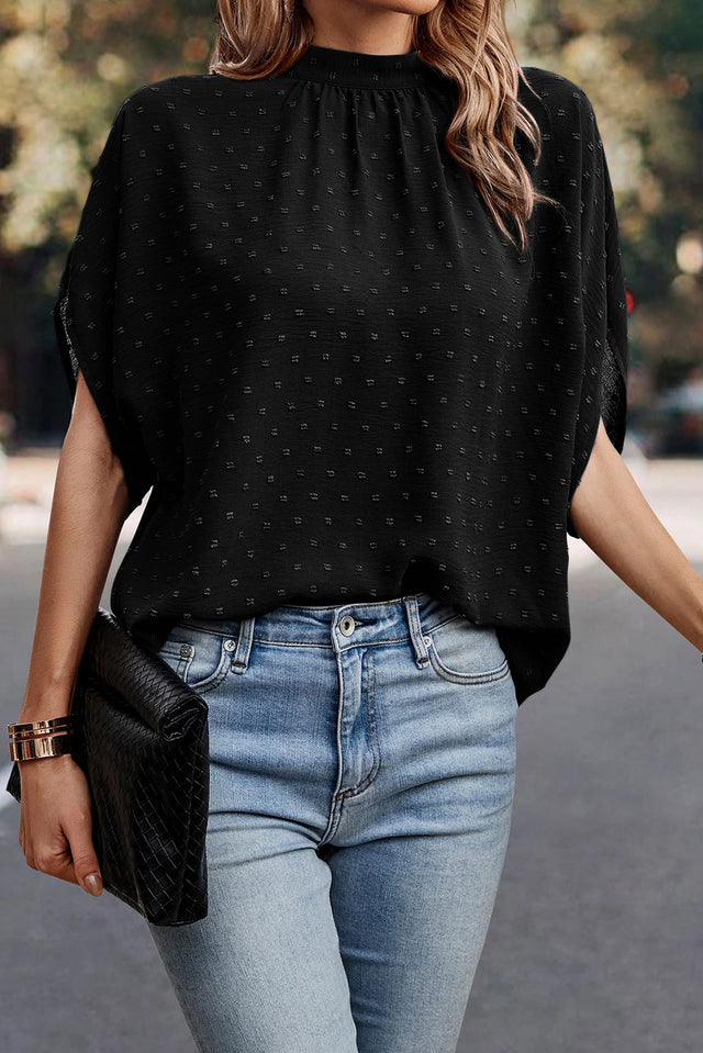 Swiss Dot Mock Neck Blouse.