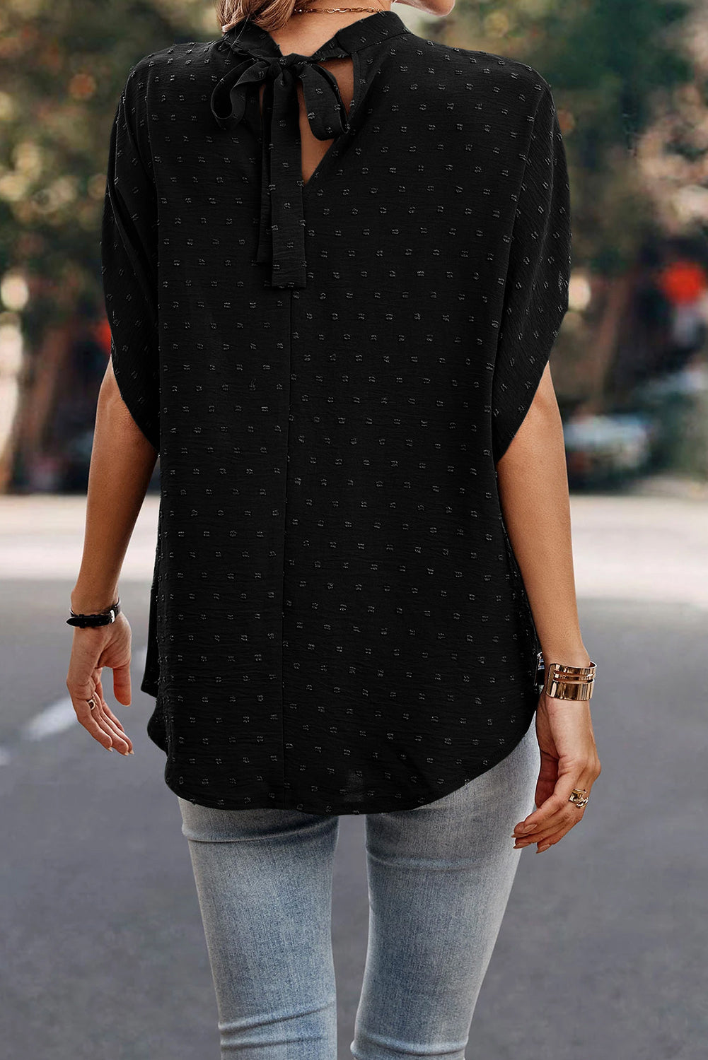 Swiss Dot Mock Neck Blouse.