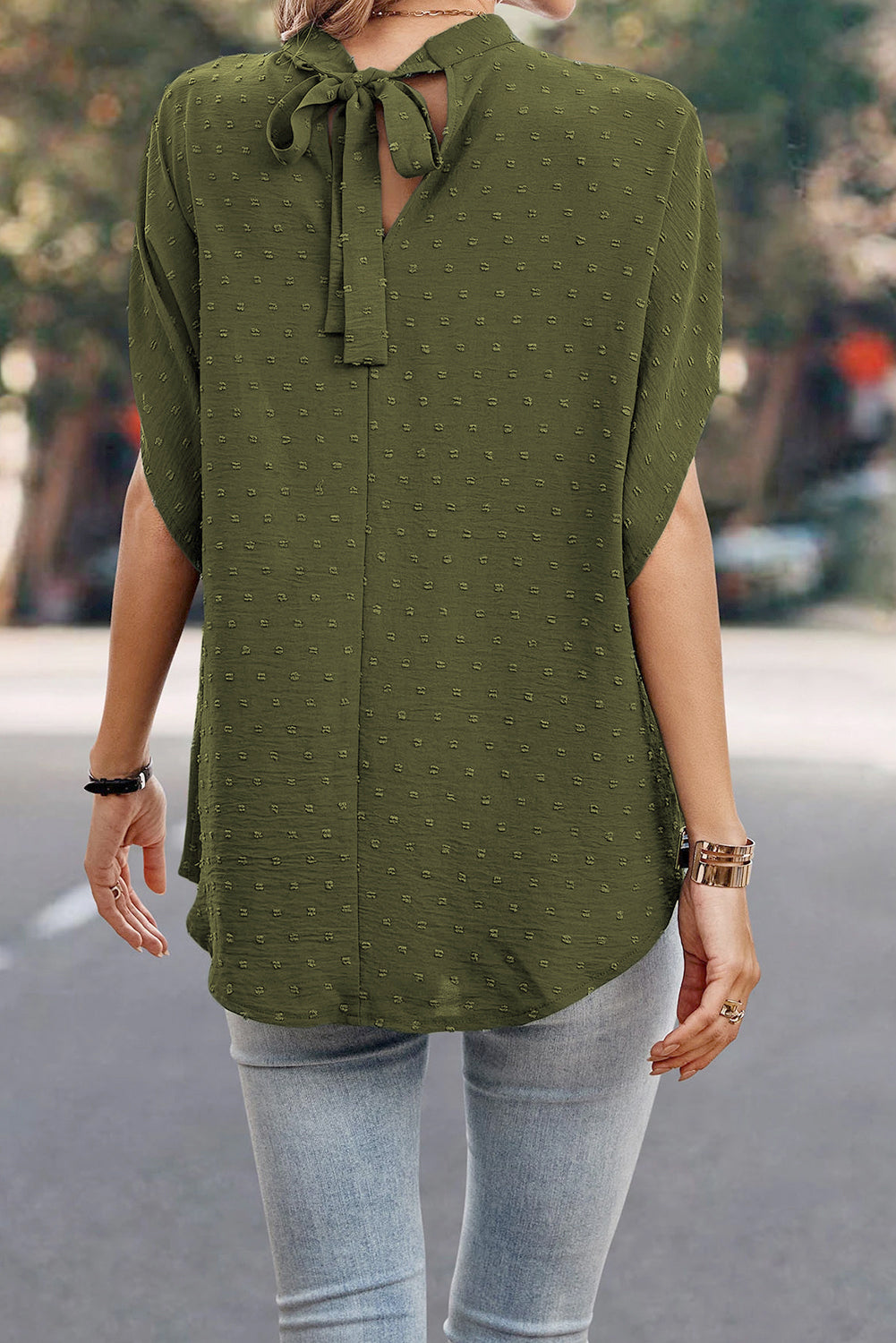 Swiss Dot Mock Neck Blouse.