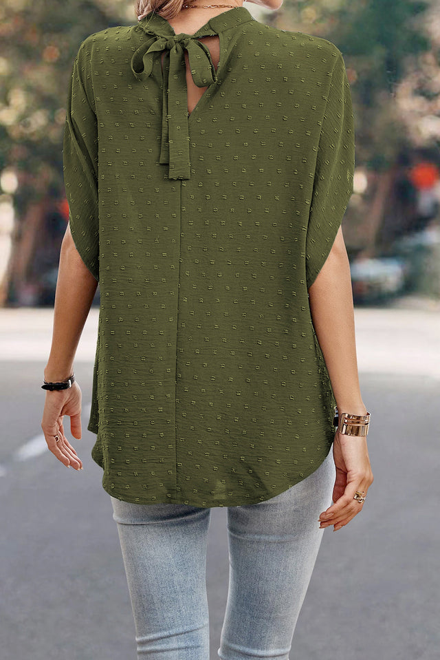 Swiss Dot Mock Neck Blouse.