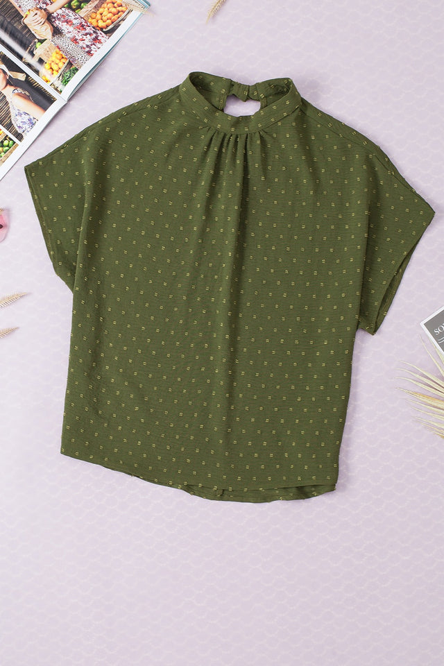 Swiss Dot Mock Neck Blouse.