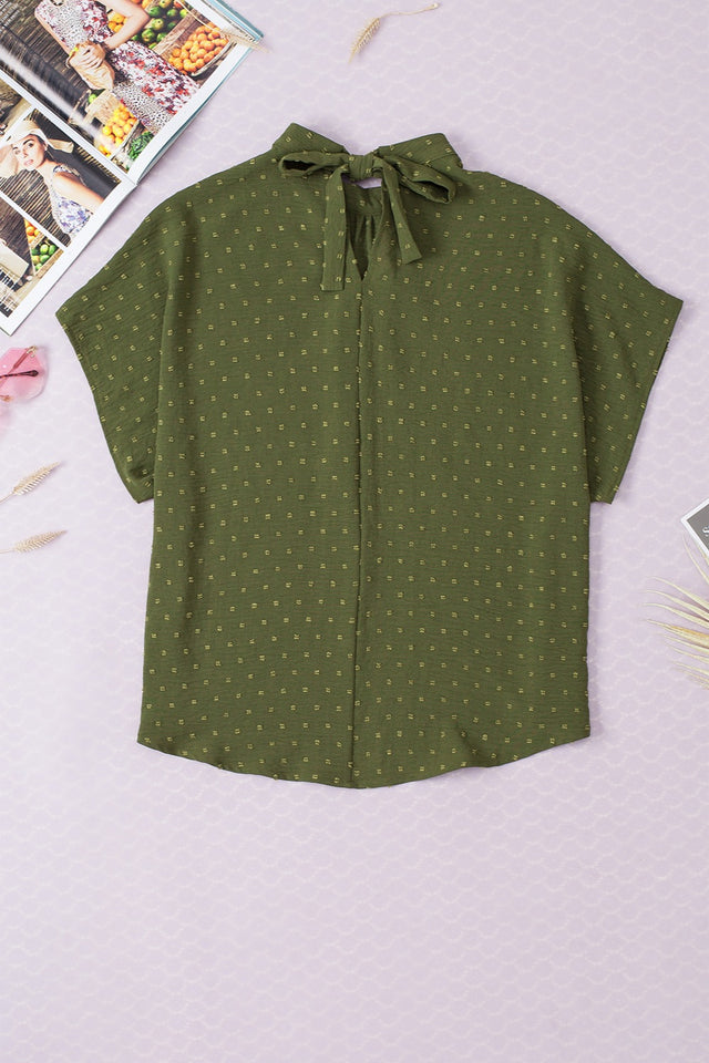 Swiss Dot Mock Neck Blouse.
