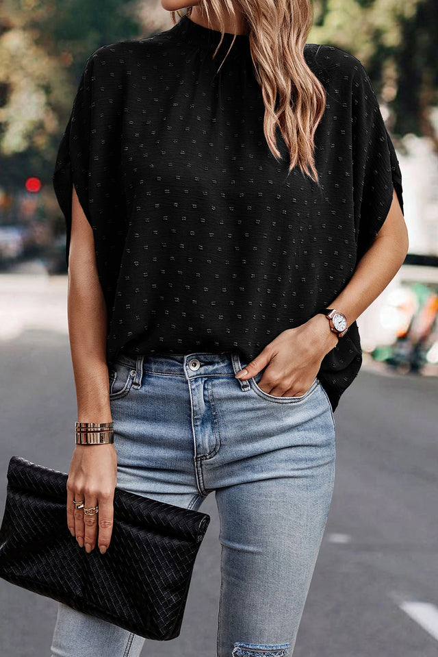 Swiss Dot Mock Neck Blouse.