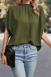 Swiss Dot Mock Neck Blouse.