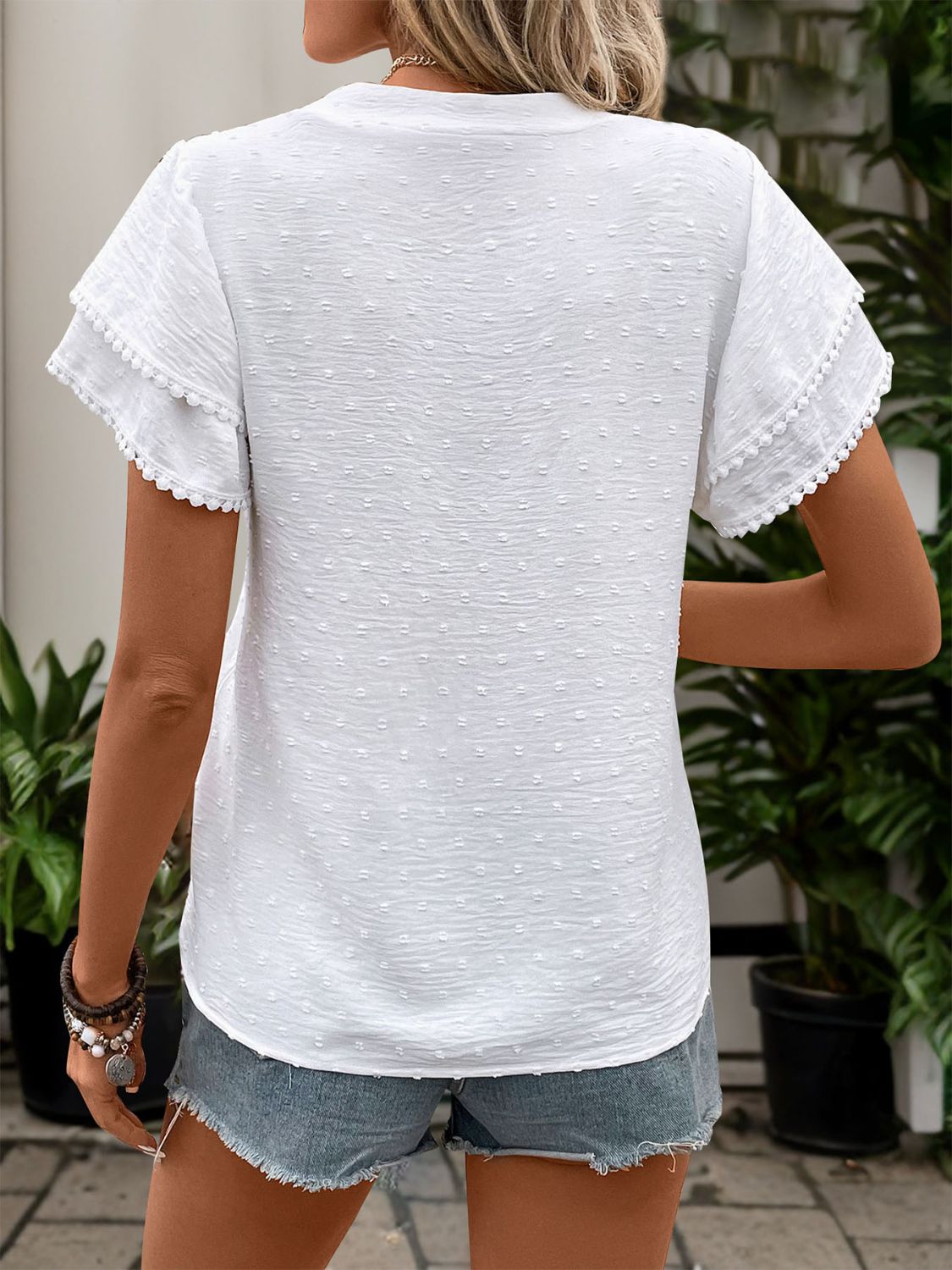 Perfee Swiss Dot Notched Short Sleeve Blouse.
