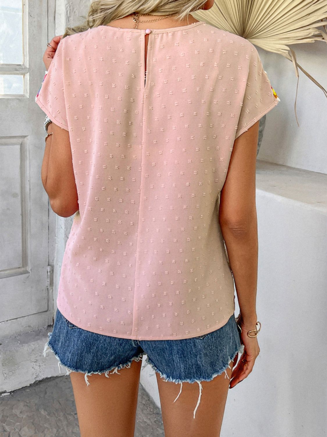 Devine Swiss Dot Round Neck Crochet Short Sleeve Top.