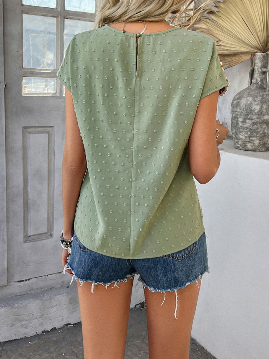 Devine Swiss Dot Round Neck Crochet Short Sleeve Top.
