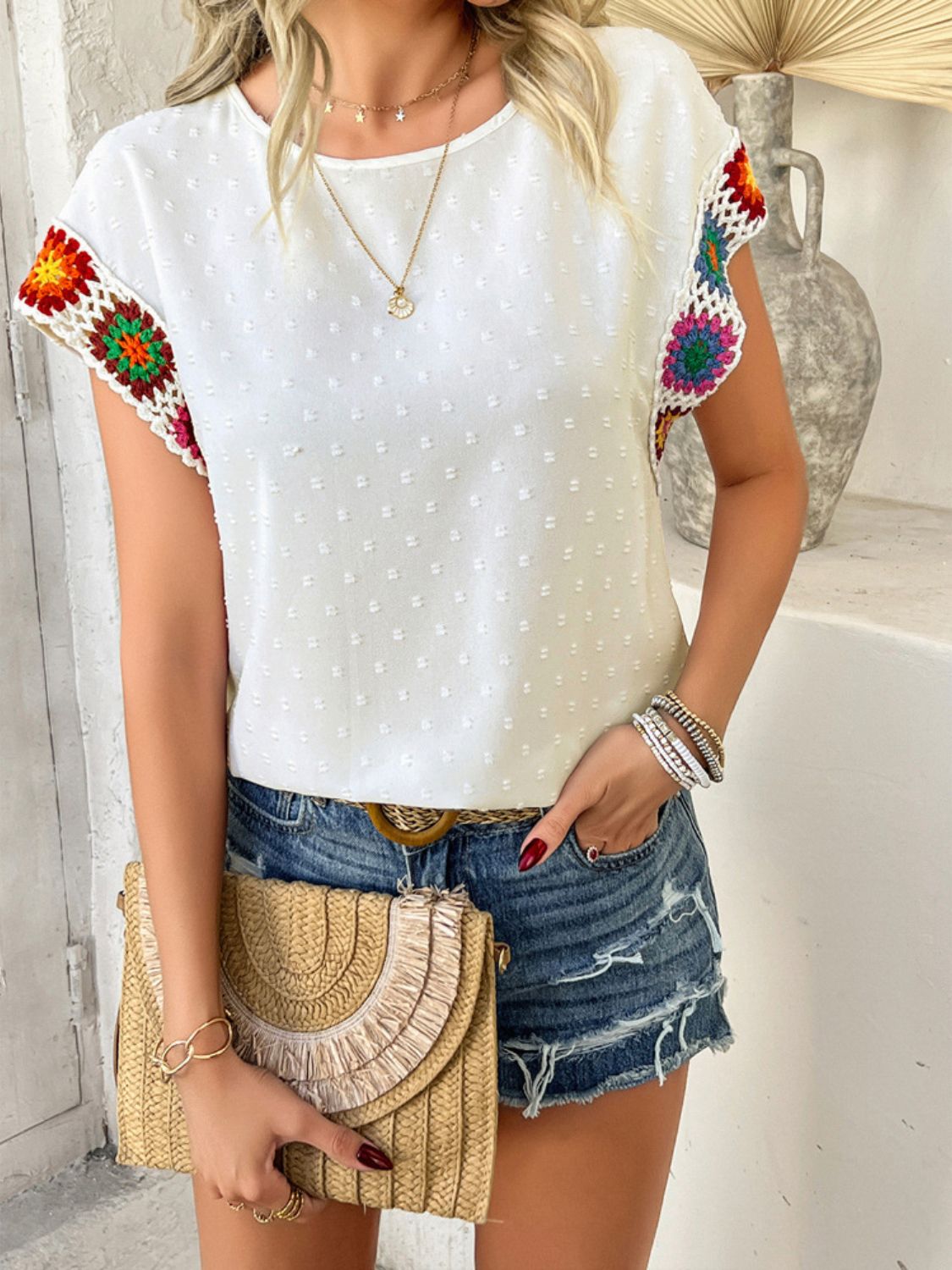Devine Swiss Dot Round Neck Crochet Short Sleeve Top.