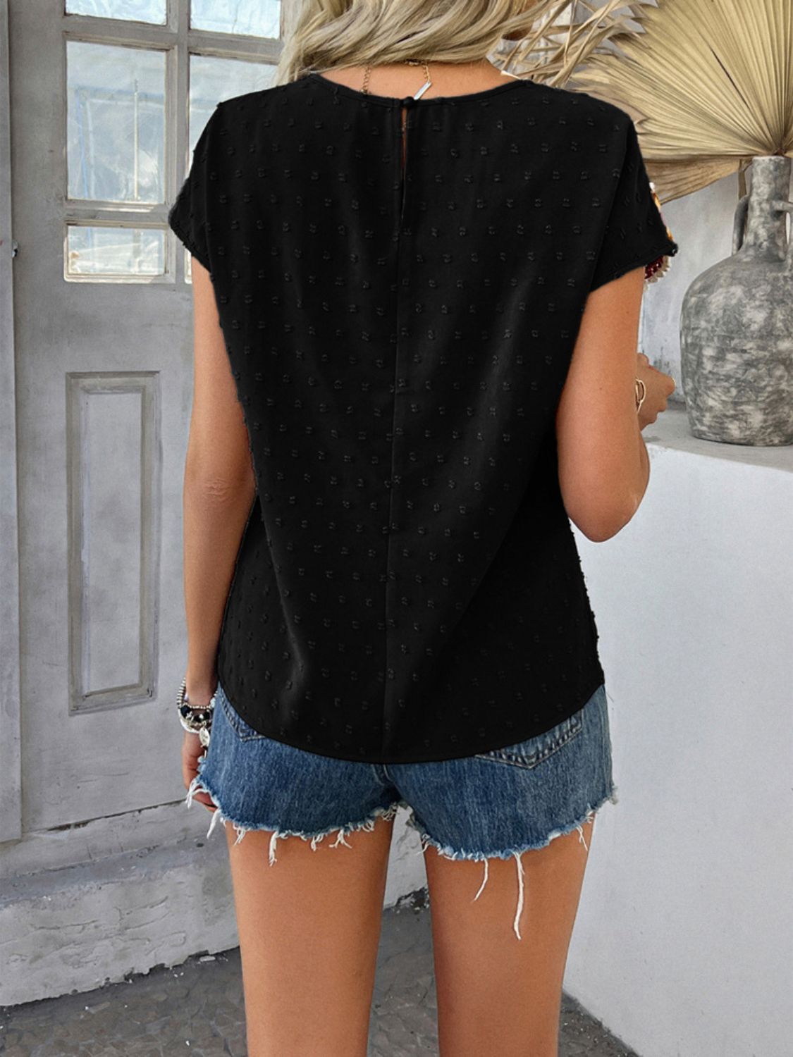 Devine Swiss Dot Round Neck Crochet Short Sleeve Top.
