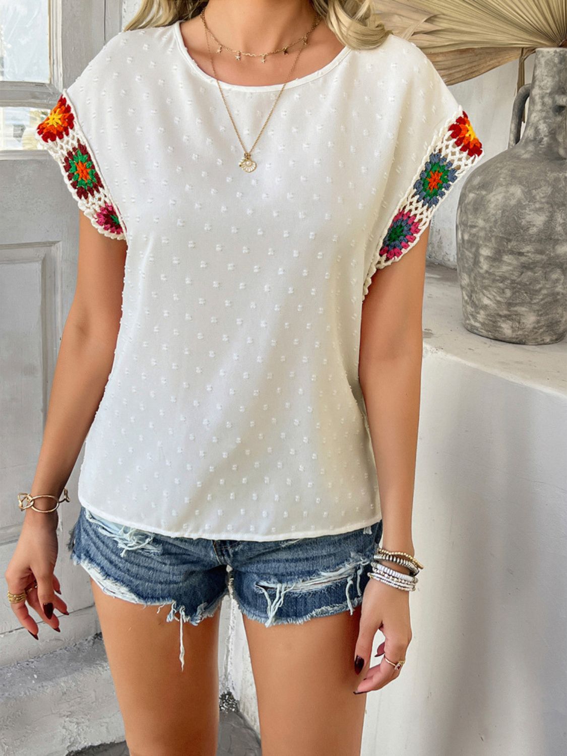 Devine Swiss Dot Round Neck Crochet Short Sleeve Top.