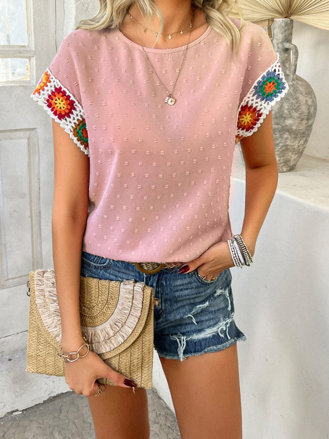 Devine Swiss Dot Round Neck Crochet Short Sleeve Top.