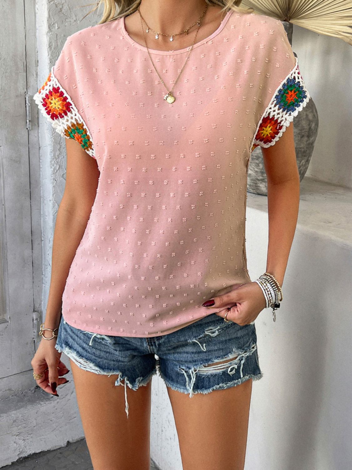 Devine Swiss Dot Round Neck Crochet Short Sleeve Top.