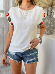 Devine Swiss Dot Round Neck Crochet Short Sleeve Top.