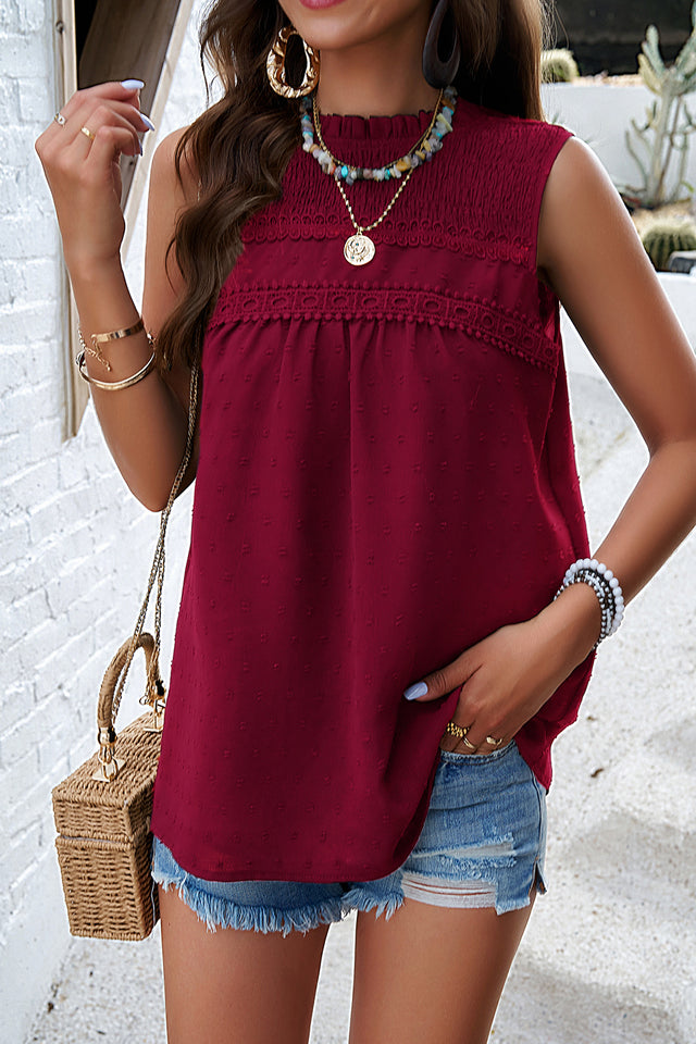 Swiss dot round neck tank with tie detail, opaque.