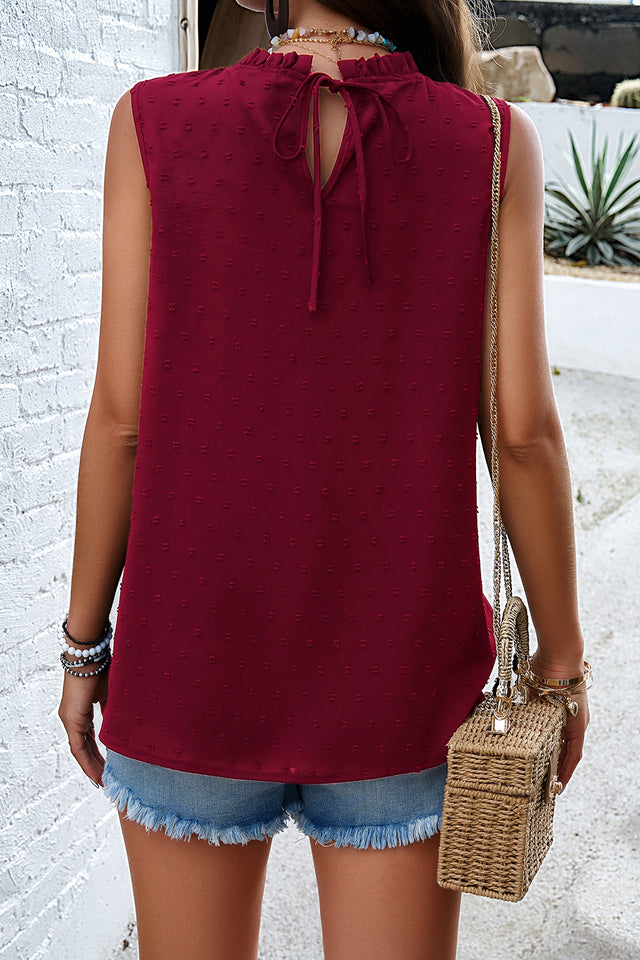 Swiss dot round neck tank with tie detail, opaque.
