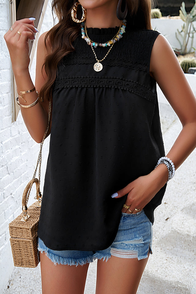 Swiss dot round neck tank with tie detail, opaque.