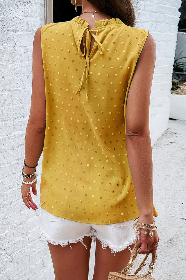 Swiss dot round neck tank with tie detail, opaque.