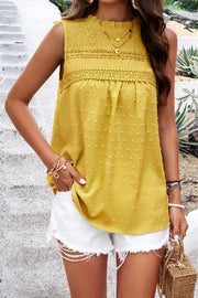 Swiss dot round neck tank with tie detail, opaque.