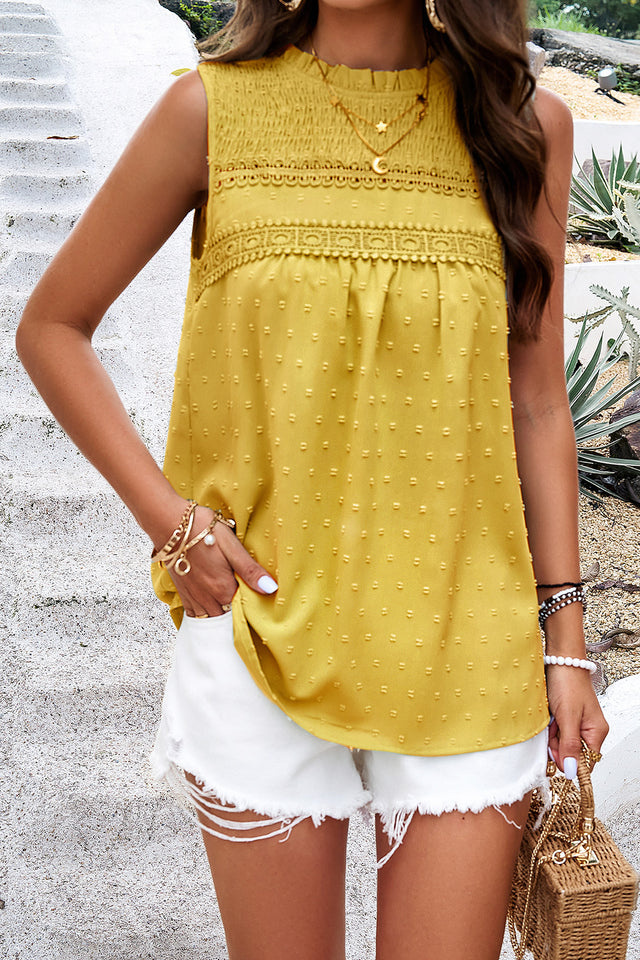 Swiss dot round neck tank with tie detail, opaque.