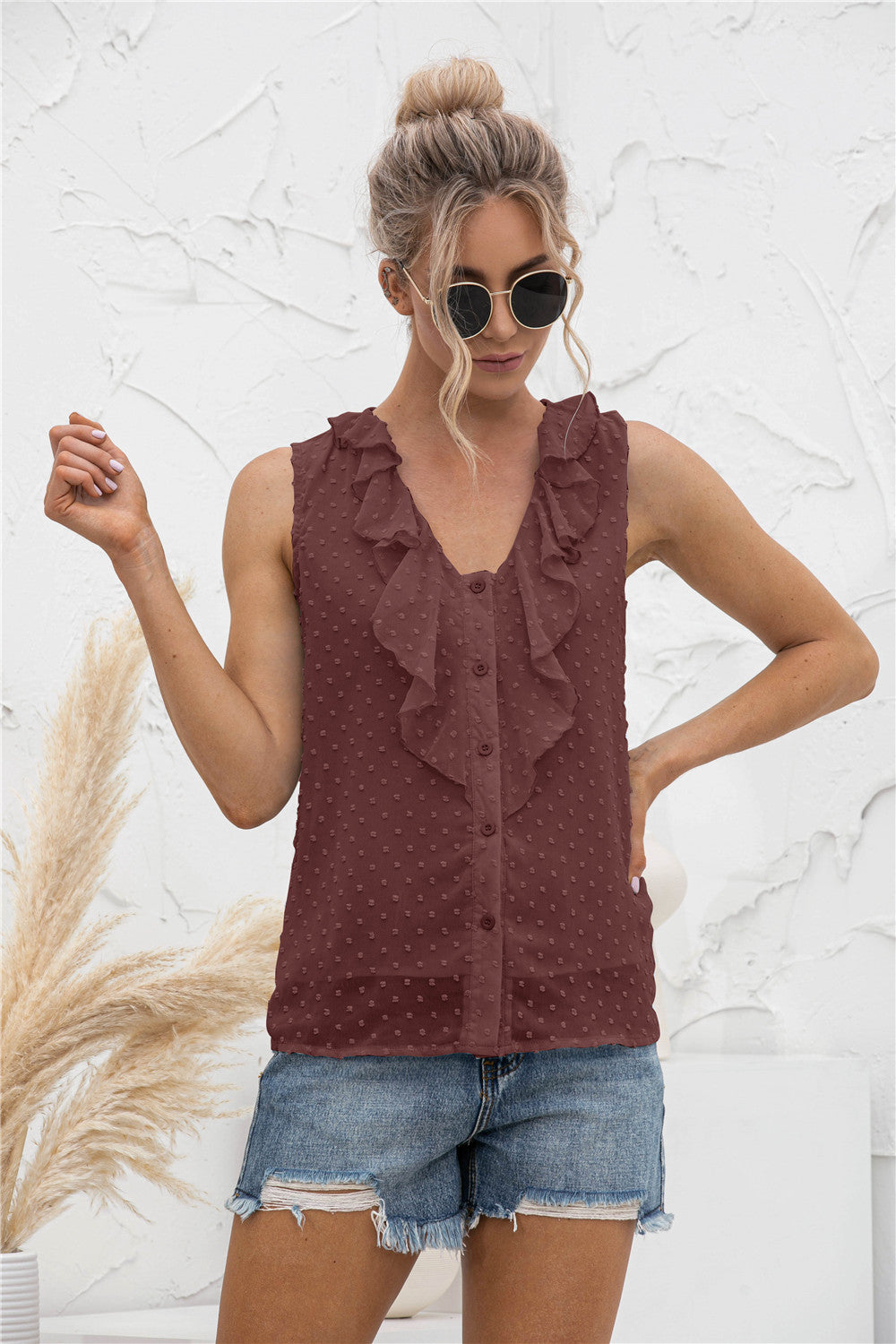 Swiss dot ruffled wide strap tank, opaque and slightly stretchy.