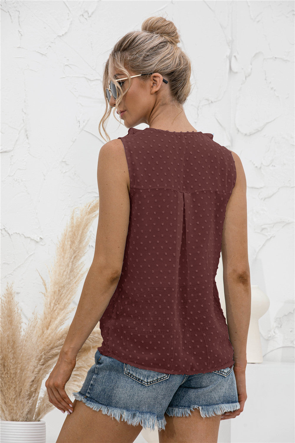 Swiss dot ruffled wide strap tank, opaque and slightly stretchy.