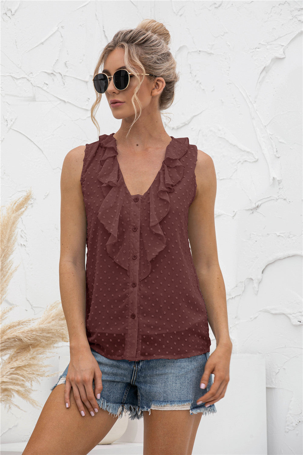 Swiss dot ruffled wide strap tank, opaque and slightly stretchy.